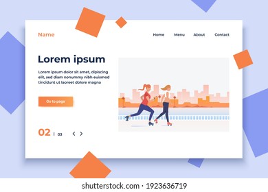 Women skating with distant buildings in background. Lifestyle, activity, leisure concept. Vector illustration can be used for topics like summer, holiday, sport