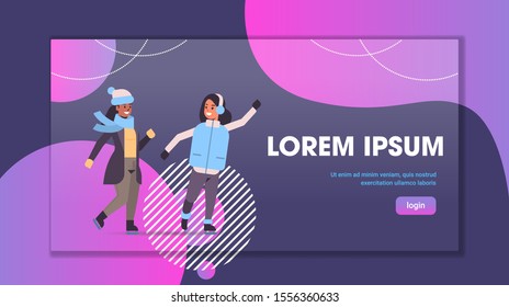 women skating on ice rink winter sport activity recreation at holidays concept mix race girls spending time together full length copy space horizontal vector illustration