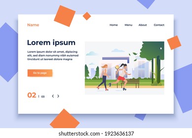 Women skating in park with distant buildings in background. Lifestyle, activity, leisure concept. Vector illustration can be used for topics like summer, holiday, sport