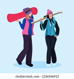 women skier snowboarder holding equipment happy girls winter vacation activity concept female cartoon character full length flat