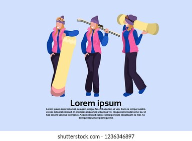 women skiers snowboarders holding equipment happy girls winter vacation activity concept female cartoon character full length flat horizontal copy space