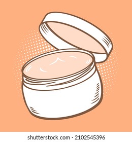 Women skin cream with open lid. Cosmetic skin care. Vector pop art illustration hand drawn