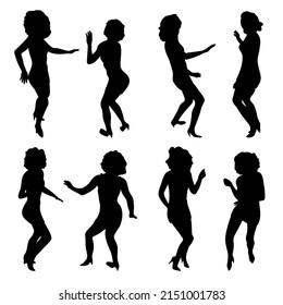 Women in skinny dress dancing black silhouettes. Set of moving disco curly girl shapes. Party abstract poses. Vector illustration for flyer, poster, card, holiday concept.
