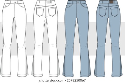 Women skinny jeans. Side slit fit and flared wide leg bottom with for women and teen girls. Front and Back View fashion illustration vector, CAD, technical drawing, flat drawing.