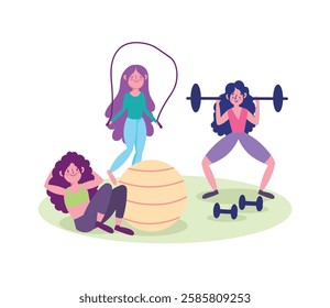 Women skipping rope and lifting weights fitness center