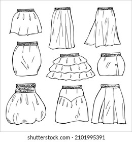 Women skirt collection hand drawn in doodle style