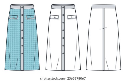 Women Skirt technical fashion illustration, houndstooth pattern. A-Line Skirt fashion flat technical drawing template, buttons, midi length, front, back view, white, turquoise, women CAD mockup set.