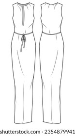 Women slashed front column maxi dress design flat sketch fashion illustration with front and back view, Sleeveless jersey maxi dress cad drawing vector template
