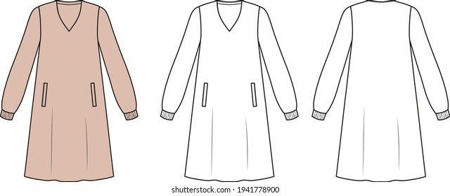 Women sleep wear in vector graphic.
Silk night dress with long sleeves and pockets.
Front and back views. Fashion illustration template.