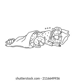 Women sleeps next to her cat pet. Doodle black white contour line illustration.
