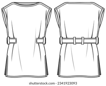 Women sleeveless belted kaftan  blouse top design  flat sketch fashion illustration with front and back view, Side slit Short kaftan top technical drawing vector template