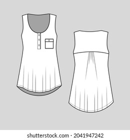 Women sleeveless blouse with placket and pocket t shirt top button panel back pleats gathering dip hem Fashion Flat sketch technical drawing template cad  Design Vector