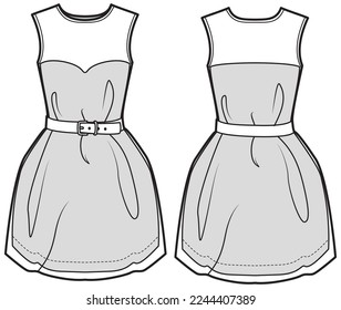 Women sleeveless cocktail balloon frock dress design flat sketch fashion illustration with front and back view, sweet heart neck gown dress vector template