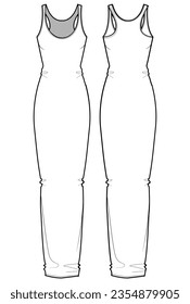 Women sleeveless column maxi dress design flat sketch fashion illustration with front and back view, Sleeveless jersey maxi dress cad drawing vector template