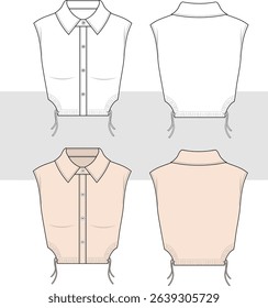 Women sleeveless cropped shirt fashion technical drawing, illustration. front and back view. Fashion isolated illustration template. Cad, Mockup set.