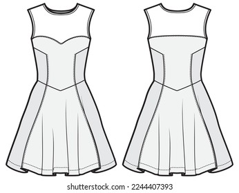 Women sleeveless fit and flared cocktail frock dress design flat sketch fashion illustration with front and back view, sweet heart neck dress gown  vector template