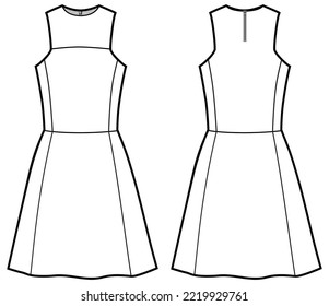 Women sleeveless flared dress design flat sketch fashion illustration with front and back view, A line dress vector template
