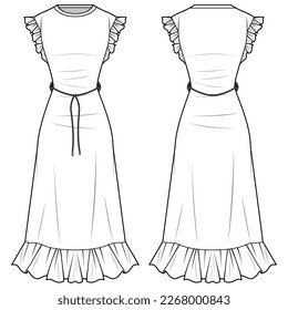 Women sleeveless frill sleeve dress design flat sketch fashion illustration with front and back view,  Frill hem dress cad drawing vector template