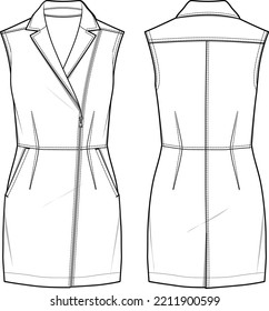 Women Sleeveless Sheath Dress Design With Lapel Collar Flat Sketch Fashion Illustration With Front And Back View