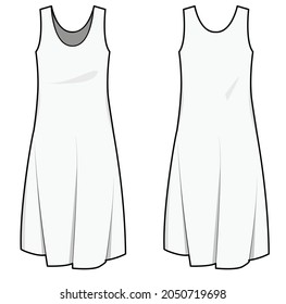 Women Sleeveless Shift Dress, A-line Dress Front and Back View. fashion illustration vector, CAD, technical drawing, flat drawing.