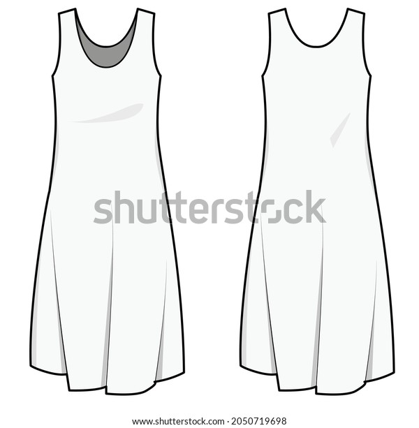 Women Sleeveless Shift Dress, A-line Dress Front\
and Back View. fashion illustration vector, CAD, technical drawing,\
flat drawing.