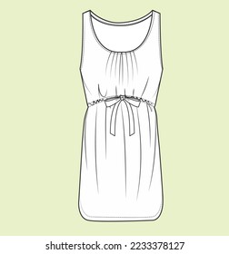 women sleeveless shift dress, belt dress flat sketch illustration 