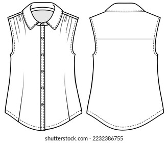 women sleeveless shirt blouse flat sketch vector illustration button down top technical cad drawing template