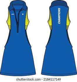 Women Sleeveless slashed polo collar tennis dress t-shirt with sports bra jersey design flat sketch Illustration suitable for girls and Ladies, golf dress for tennis, netball, badminton sport kit