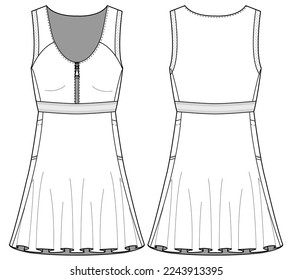 Women Sleeveless Sport dress design flat sketch fashion illustration with front and back view. Tennis dress sports wear jersey uniform kit for girls and ladies