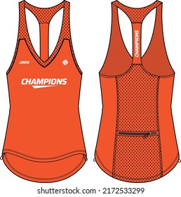 Women Sleeveless Tank top Sports t-shirt Jersey design flat sketch fashion Illustration suitable for girls and Ladies, racer back Vest for Volleyball jersey, netball, badminton, tennis sports kit