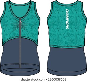 Women Sleeveless Tank top Sports t-shirt Jersey design flat sketch fashion Illustration suitable for girls and Ladies, Crop top Vest for Volleyball jersey, netball, badminton, tennis sports kit