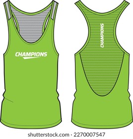 Women Sleeveless Tank top Sports t-shirt Jersey design flat sketch fashion Illustration suitable for girls and Ladies, racer back Vest for Volleyball jersey, netball, badminton, tennis sports kit