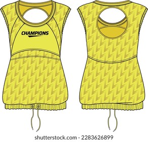 Women Sleeveless Tank top Sports t-shirt Jersey design flat sketch fashion Illustration suitable for girls and Ladies, Gathered hem for Volleyball jersey, netball, badminton, tennis sport kit