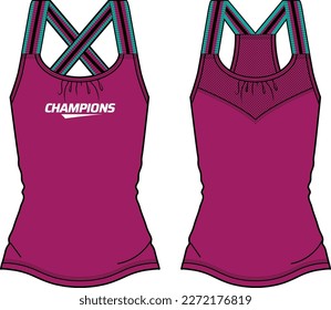 Women Sleeveless tennis Cross strap Tank top vest Sports Jersey t-shirt design flat sketch fashion Illustration suitable for girls and Ladies for running, gym, Volleyball, netball, badminton kit