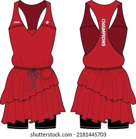 Women Sleeveless tennis dress with compression short sports top jersey design flat sketch fashion Illustration suitable for girls and Ladies, mini dress for tennis, netball, badminton sport kit