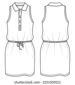 women sleeveless tennis dress flat sketch vector illustration front and back view polo collar dress technical cad drawing template