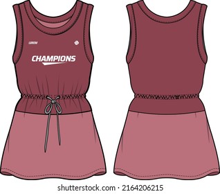 Mujeres Ropa de tenis sin mangas con minifalda deportes top jersey diseño sketch plano de moda Ilustración adecuada para niñas y Damas, Ropa de cintura recolectada para tenis, netball, kit deportivo de bádminton