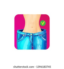 Women slim waist in big jeans - weight loss concept icon, bright colors. slim body in giant blue jeans, healthy lifestyle concept for apps, sites