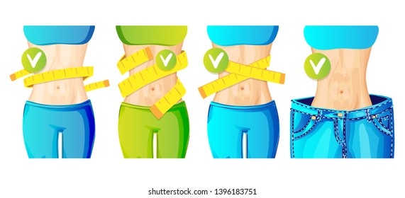 Women slim waist with measure tape around and in big jeans - weight loss concept icon, bright colors. slim body with centimeter tape, healthy lifestyle vector concept for apps, sites