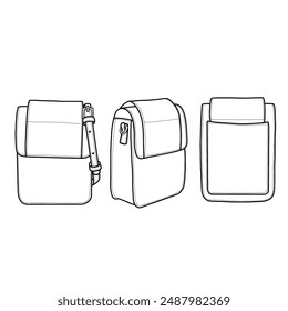 Bolso de honda para mujer. Ilustración de dibujo plano de la ilustración de la Plantilla de dibujo. Vista frontal, posterior y lateral.