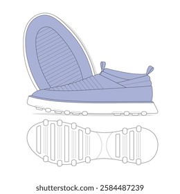 Women slippers design technical flat sketch vector mockup template.