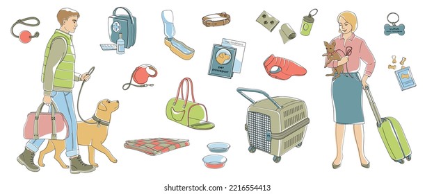 Women With Small Dog And Valise, Man Walking With Big Dog And Travel Bag, Set Elements About Travel With Pet, Clothes, Biscuits, Carrying Bag, Portable Water Bowl, Leash, Pet Passport