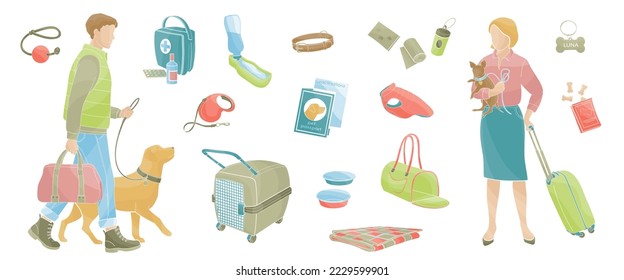 Women with small dog and valise, man walking with big dog and travel bag Set elements about travel with pet Color vector illustration