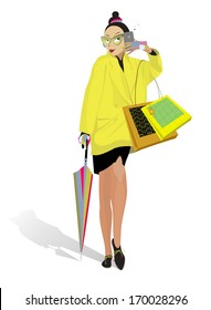 A women with smartphone, bags and umbrella goes shopping