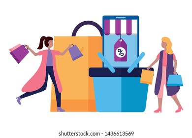 women smartphone basket and shopping bags commerce vector illustration