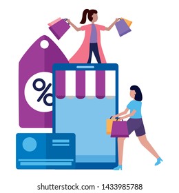 women smartphone credit card shopping bag commerce vector illustration