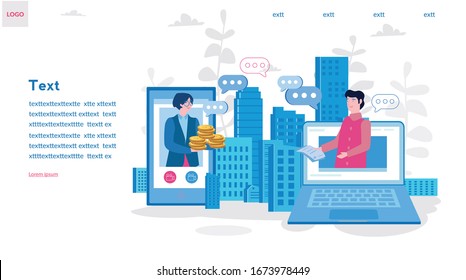 Women in smartphone man in laptop in smart city. Stay Home - Stay Online!  Online business, Partnership and agreement, and deal completed, remote business.  investor holds money and contract