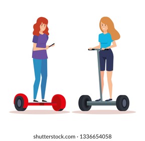 women with smartphone riding electric scooter