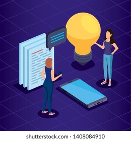 women with smartphone technology and chat bubble with documents and bulb