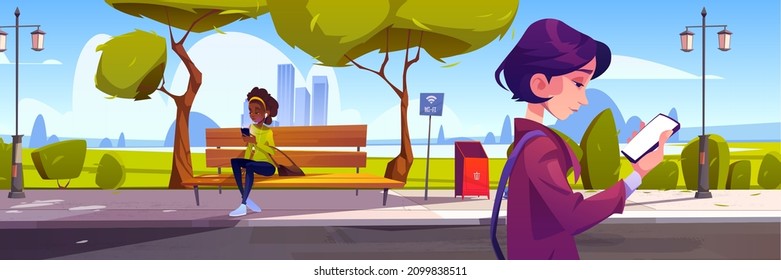 Women with smartphones in city park walking and sitting on bench, using wifi for internet networking, communicating and sending messages. Girls use mobile phones outdoors, Cartoon vector illustration